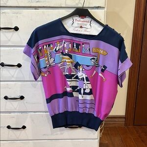 L Blouse Purple & Navy Graphic Short Sleeve Top